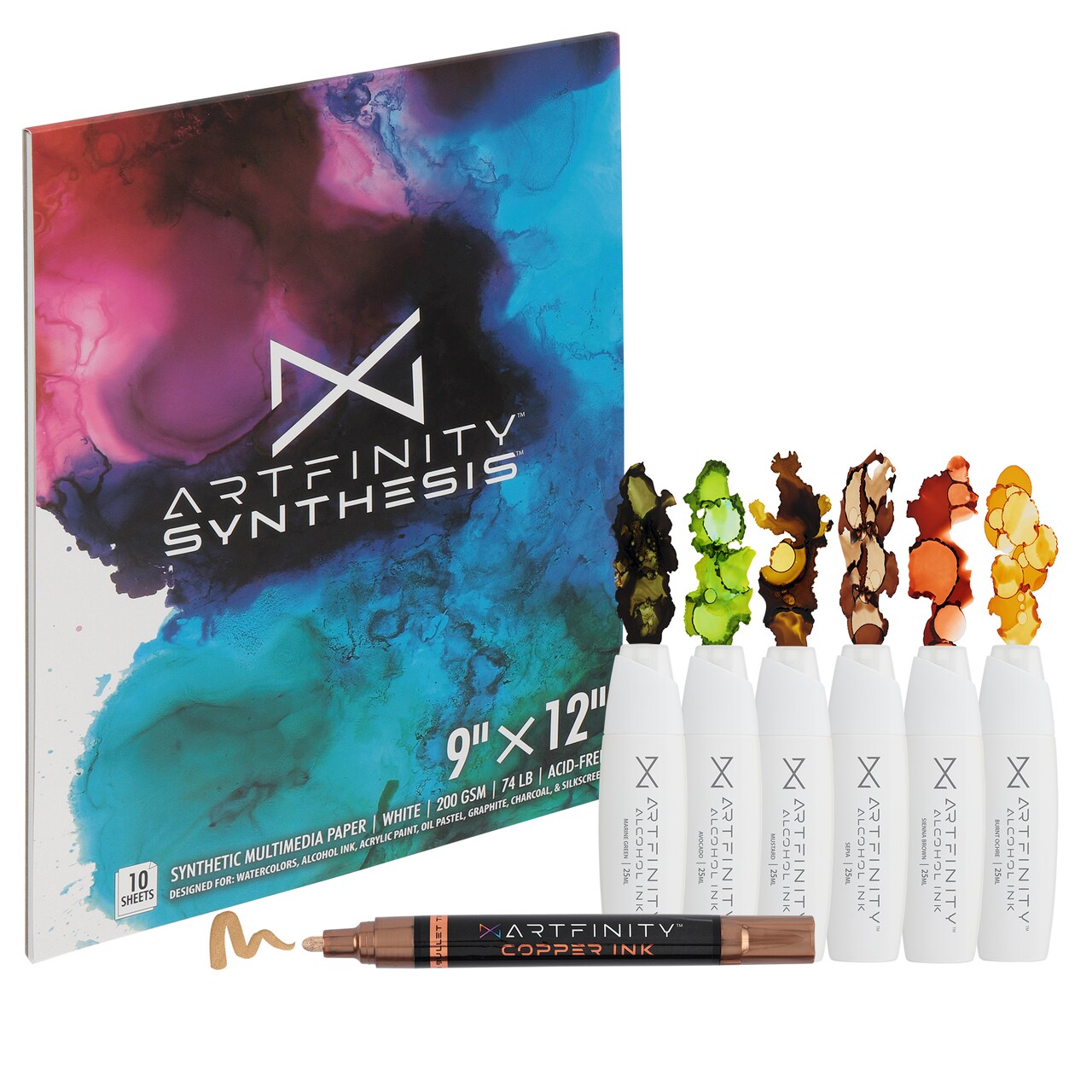 Artfinity Alcohol Ink - Earth Tones Set, 8 Pieces | 10 Sheets 9x12" Multimedia Paper | Fast-Drying, Permanent, Transparent Alcohol Inks for Gloss Paper, Glass, Metal | 25 ml Bottles | Copper Ink Pen